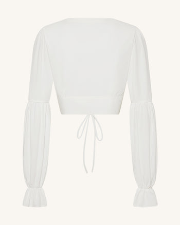Blusa crop in chiffon con maniche a lanterna e nodo frontale - Bianco