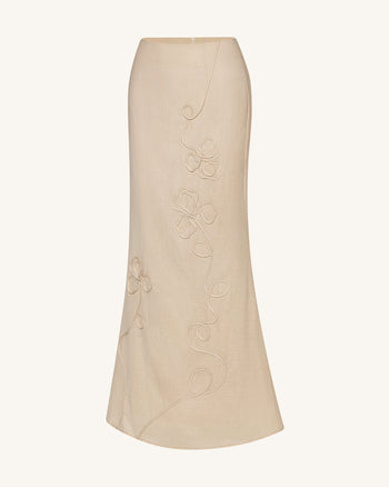 Gonna Maxi in Lino con Ricamo a Cordoncino - Naturale