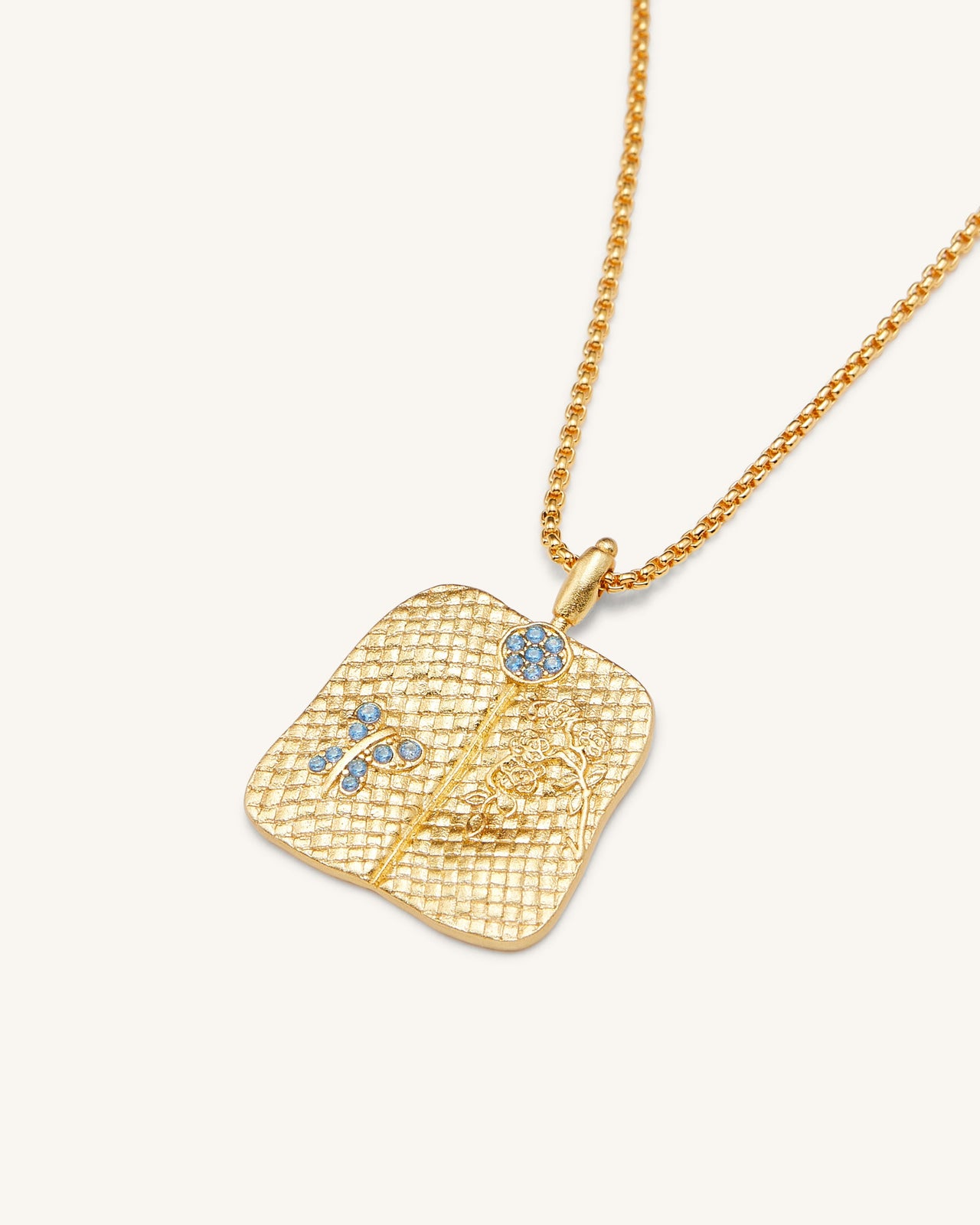 Collana con ciondolo a ventaglio di piantaggine - Placcato oro 18 ct & Zircone blu mare e nano verde