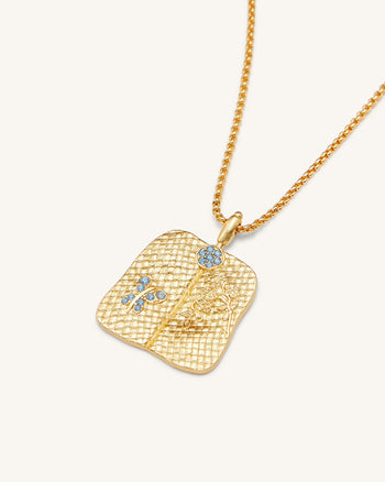 Collana con ciondolo a ventaglio di piantaggine - Placcato oro 18 ct & Zircone blu mare e nano verde