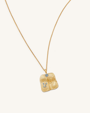 Collana con ciondolo a ventaglio di piantaggine - Placcato oro 18 ct & Zircone blu mare e nano verde