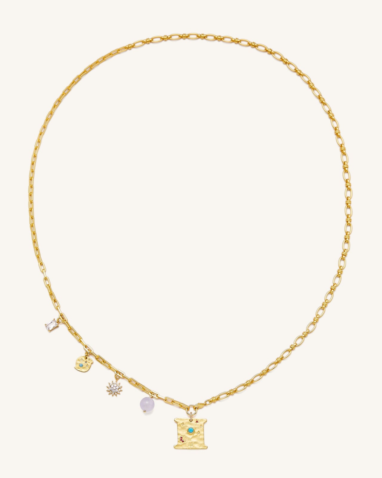 Collana Cosmos Square Multi Charm - Placcato oro 18 ct & Turchese e Zirconi Multicolori e Perline Viola