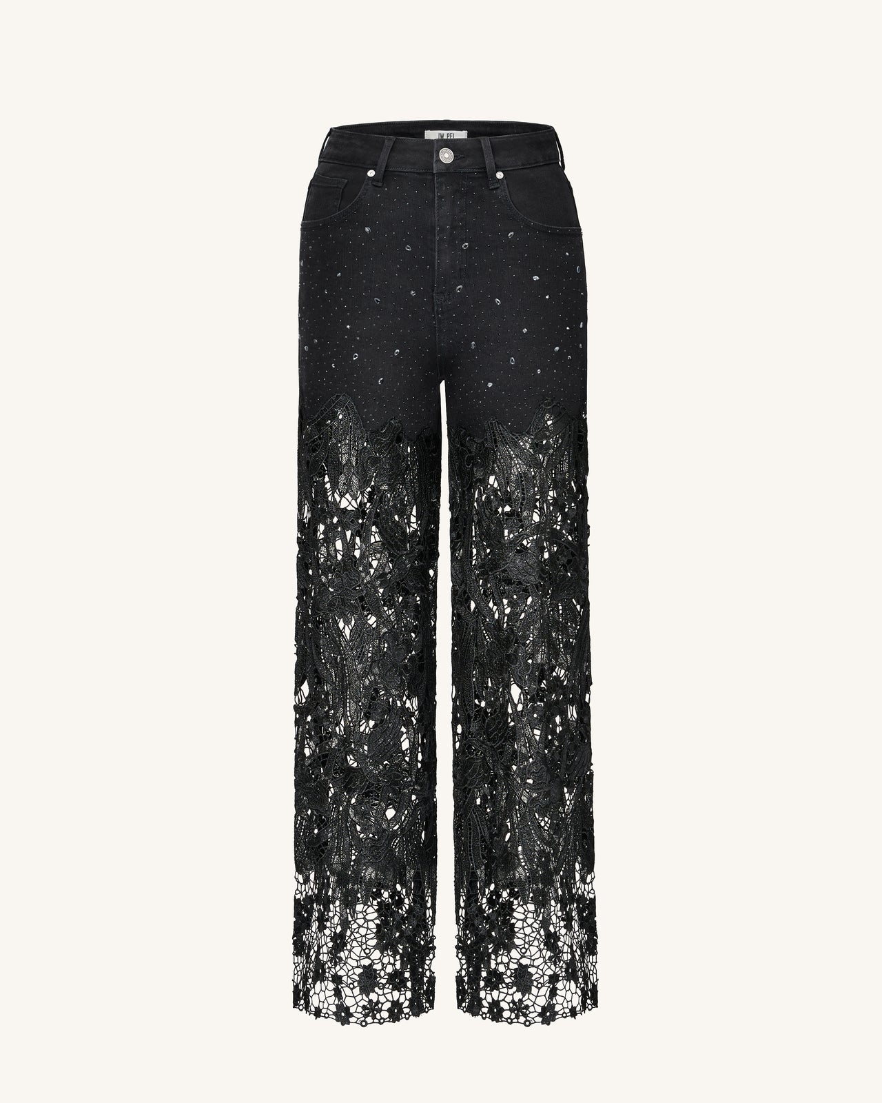 Jeans in Denim con Ricami in Pizzo, a Vita Alta e Gamba Ampia con Strass - Nero