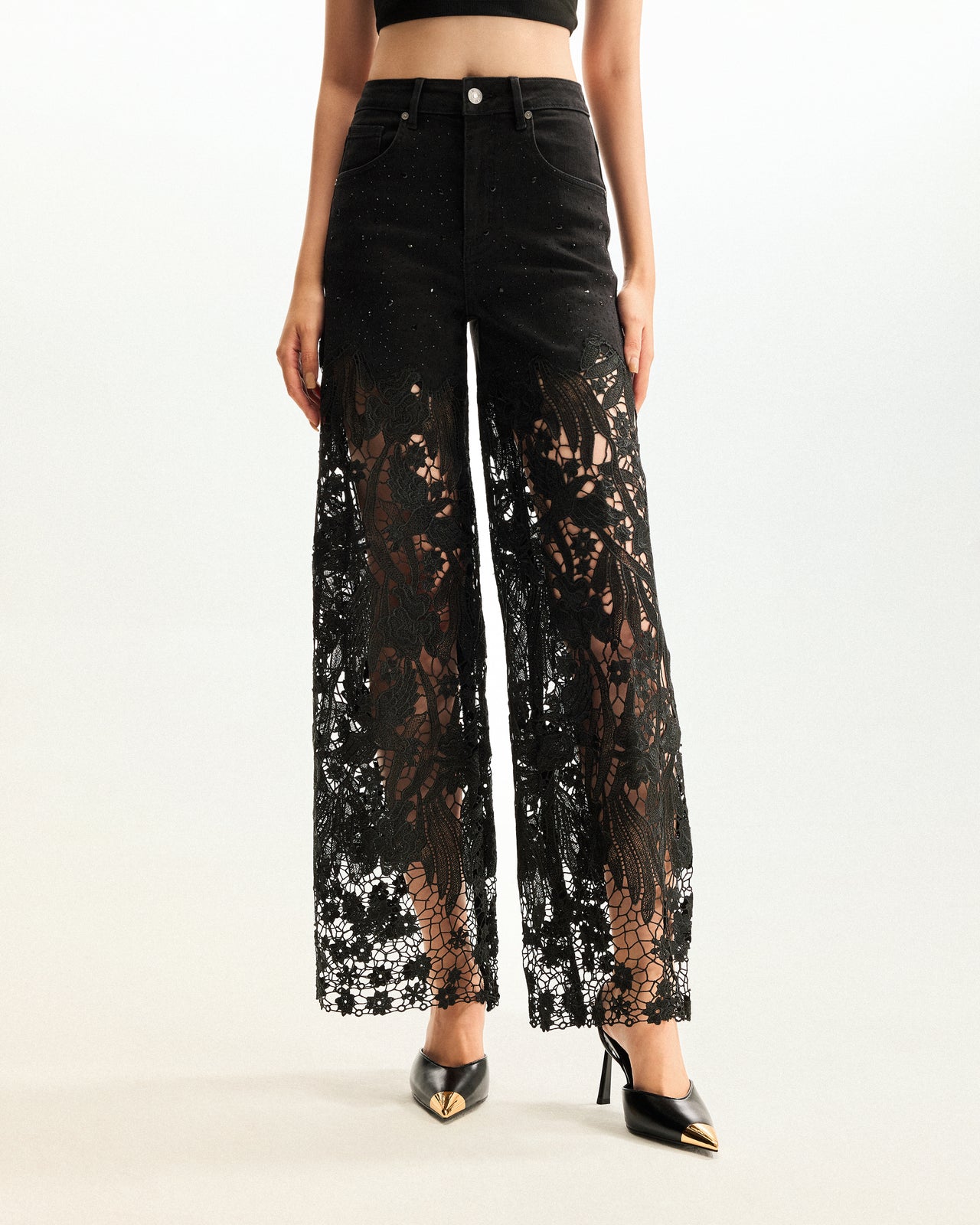 Jeans in Denim con Ricami in Pizzo, a Vita Alta e Gamba Ampia con Strass - Nero
