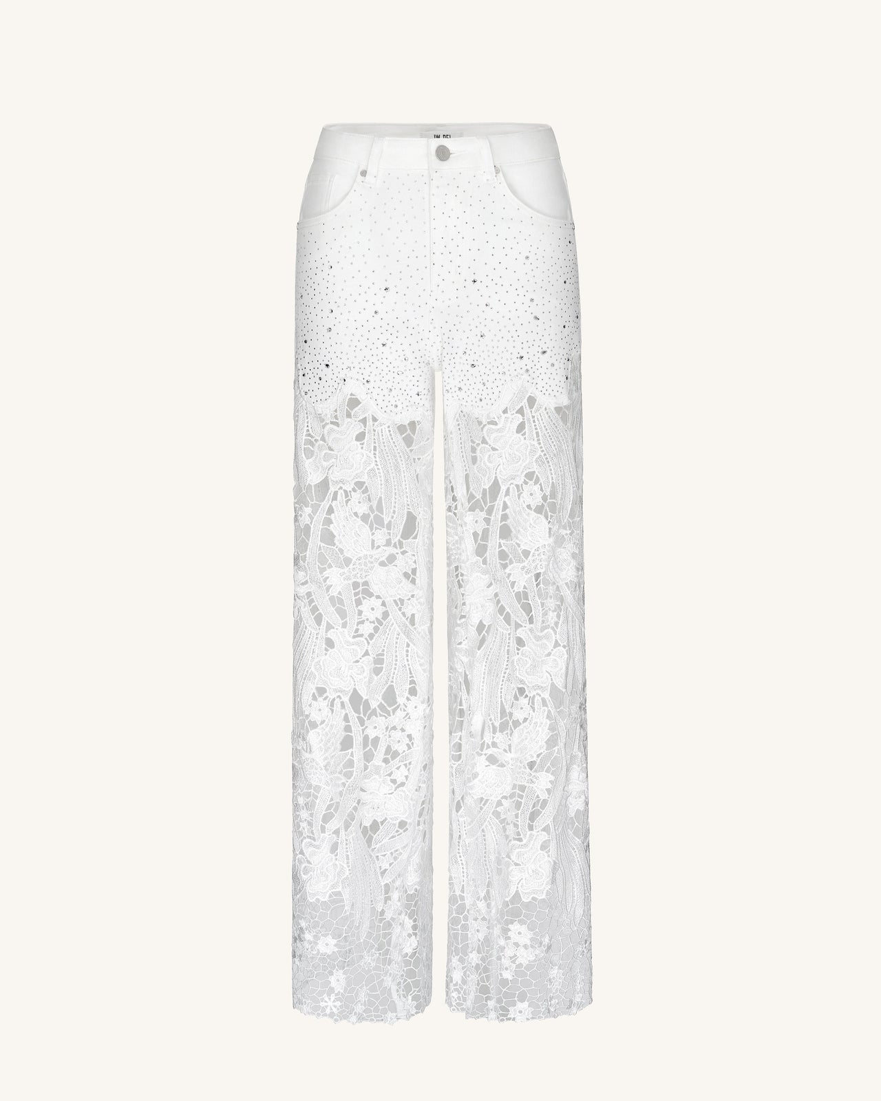 Jeans in denim bianco a vita alta con gamba ampia, ricami in pizzo e strass