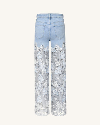 Jeans in Denim con Ricami in Pizzo, a Vita Alta e Gamba Ampia con Strass - Azzurro Chiaro
