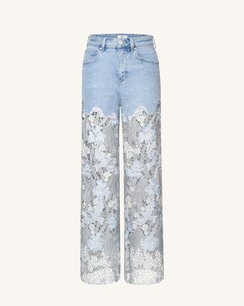 Jeans in Denim con Ricami in Pizzo, a Vita Alta e Gamba Ampia con Strass - Azzurro Chiaro