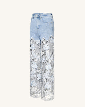 Jeans in Denim con Ricami in Pizzo, a Vita Alta e Gamba Ampia con Strass - Azzurro Chiaro