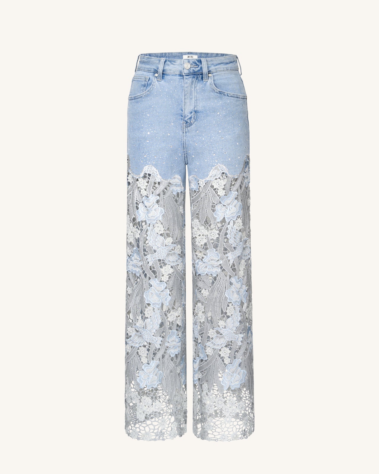 Jeans in Denim con Ricami in Pizzo, a Vita Alta e Gamba Ampia con Strass - Azzurro Chiaro