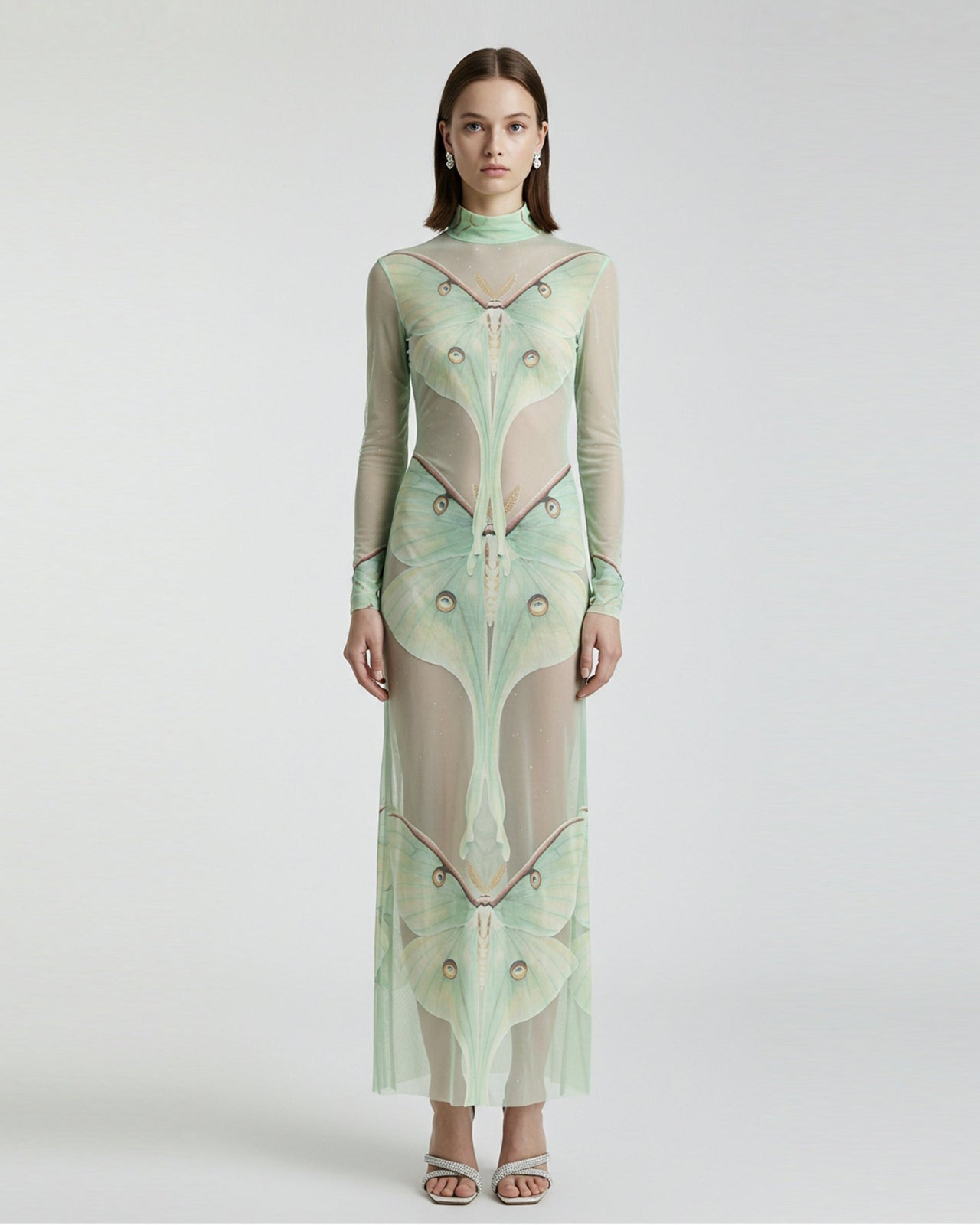 Abito Lungo in Tulle Trasparente con Motivo di Falena - Verde/Beige