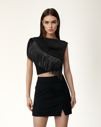 Ariana Top Scamosciato Asimmetrico Con Frange - Nero