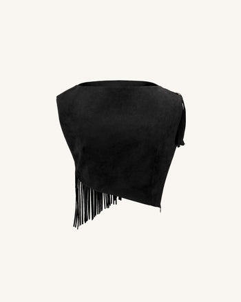 Ariana Top Scamosciato Asimmetrico Con Frange - Nero