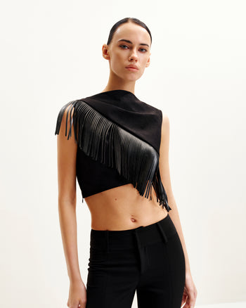 Ariana Top Scamosciato Asimmetrico Con Frange - Nero