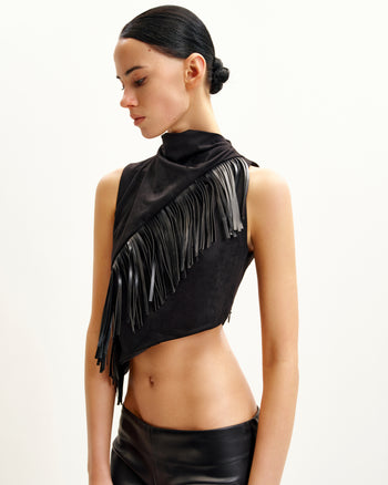 Adeline Top Scamosciato Asimmetrico Con Frange - Nero