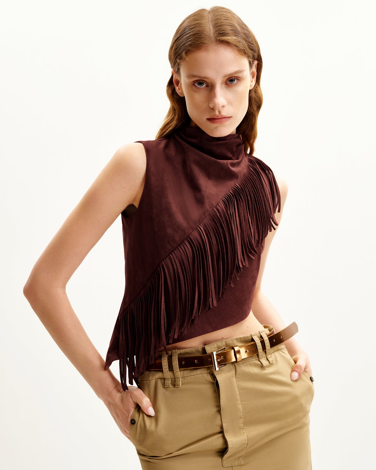 Adeline Top Scamosciato Asimmetrico Con Frange - Borgogna