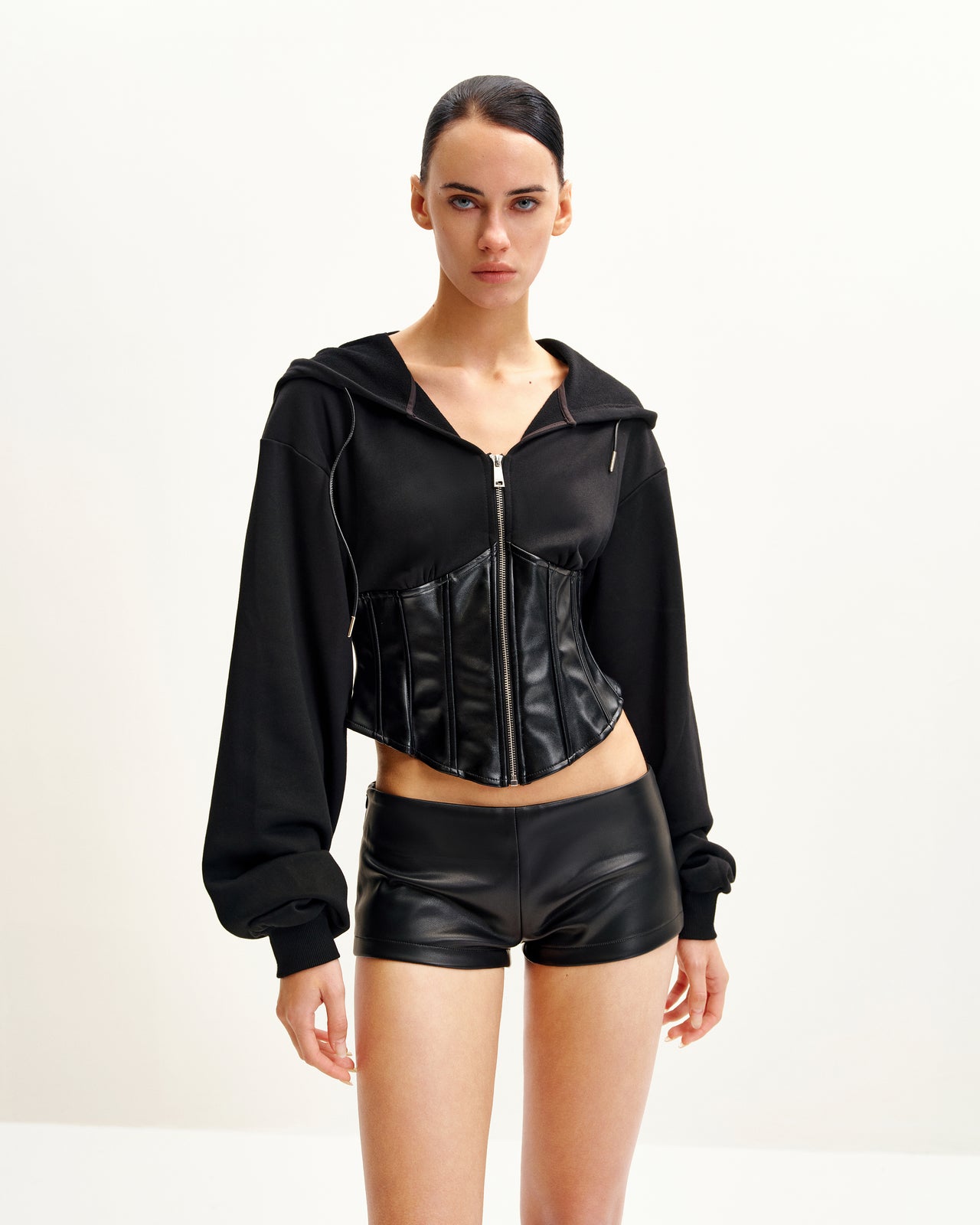 Valentina Felpa Con Cappuccio E Corsetto Strutturato - Nero