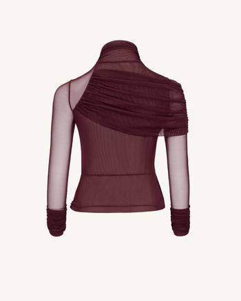 Ella Sheer Ruched Turtleneck Top - Bordeaux