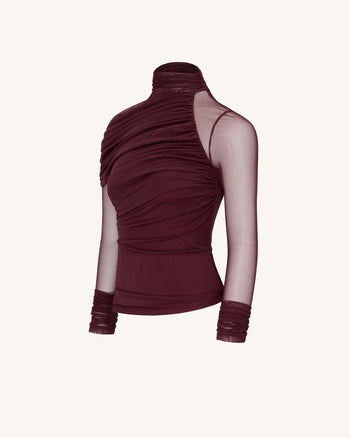 Ella Sheer Ruched Turtleneck Top - Bordeaux