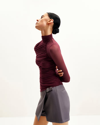 Ella Sheer Ruched Turtleneck Top - Bordeaux