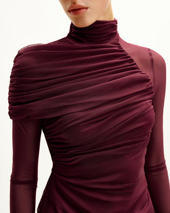 Ella Sheer Ruched Turtleneck Top - Bordeaux