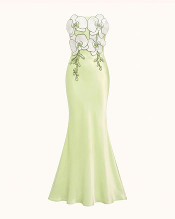 Maxi abito in raso con fiori 3D, senza spalline e con spacco - Verde chiaro
