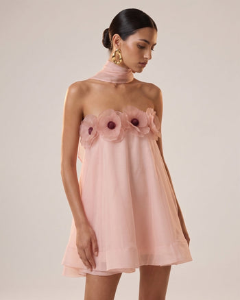 Poppy Mini abito ricamato drappeggiato con allacciatura al collo - Rosa cipria
