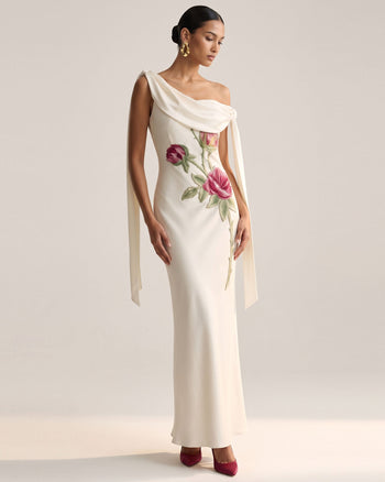 Rose Abito da sera ricamato monospalla drappeggiato - Bianco candido