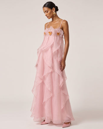 Abito maxi in organza ricamata con orchidee - Rosa cipria Pink