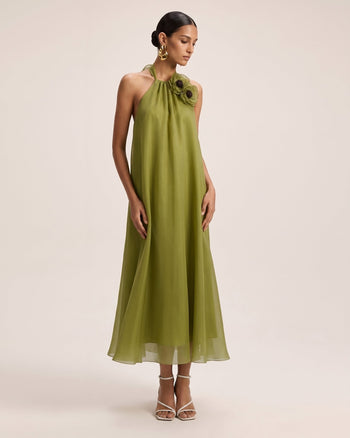 Poppy Abito midi a trapezio ricamato con dettaglio allacciato al collo - Verde oliva