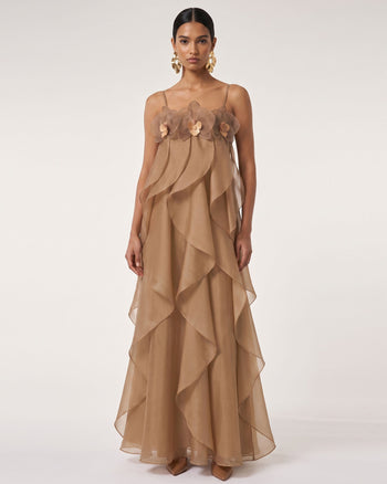 Maxi abito in organza ricamata con orchidee - Marrone chiaro