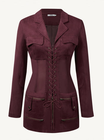 Abito Mini In Faux Con Corsetto E Giacca Suede - Color Bordeaux