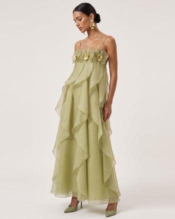 Maxi abito in organza ricamata con orchidee - Verde chiaro