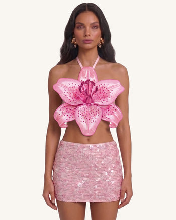 Crop top halter con giglio 3D - Rosa