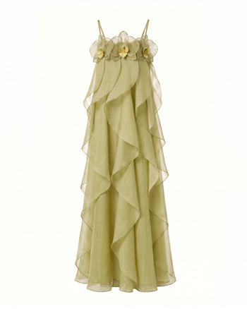 Maxi abito in organza ricamata con orchidee - Verde chiaro
