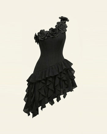 Miniabito a corsetto monospalla con ricamo floreale - Nero