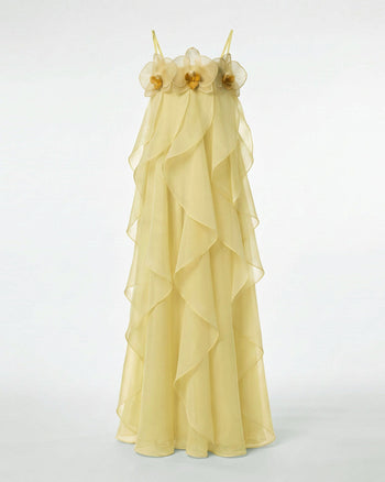 Maxi abito in organza ricamata con orchidee - Giallo chiaro