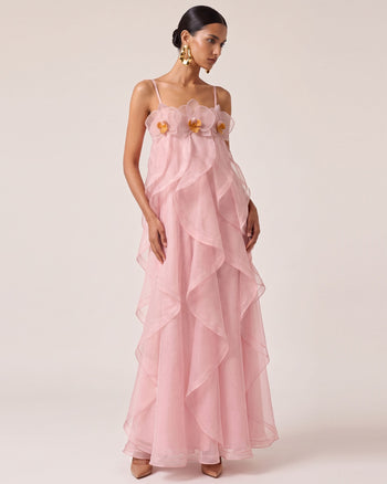 Abito maxi in organza ricamata con orchidee - Rosa cipria Pink