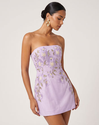 Mini abito a corsetto senza spalline con ricami floreali - Viola chiaro