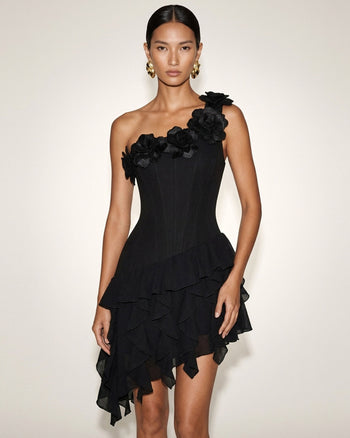 Miniabito a corsetto monospalla con ricamo floreale - Nero