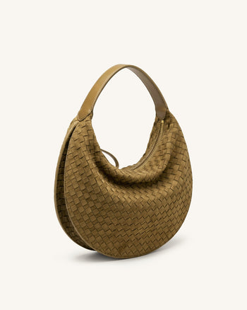 Nola Borsa a spalla a mezzaluna in finta pelle scamosciata intrecciata - Verde oliva