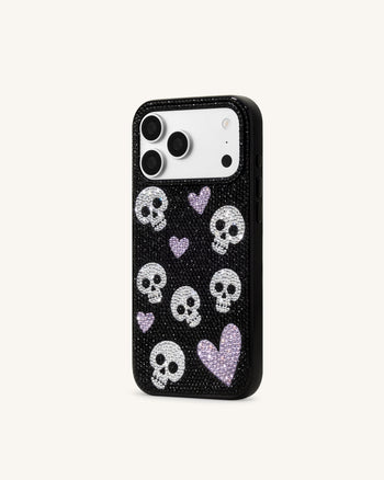 Custodia per telefono con strass teschio e cuore - Nero