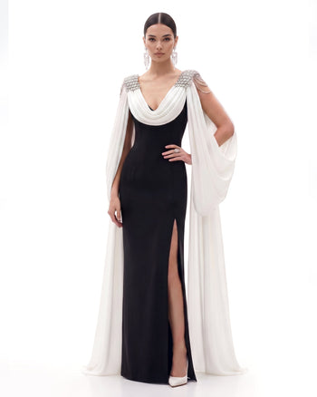 Maxi abito con mantella sulle spalle e dettagli in cristallo - Nero e avorio