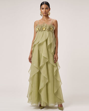 Maxi abito in organza ricamata con orchidee - Verde chiaro