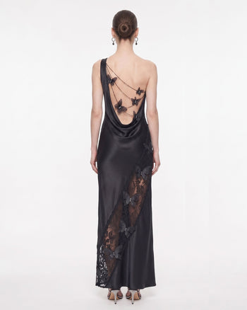 Maxi abito in raso monospalla con inserti in pizzo - Nero