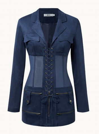 Abito Mini In Faux Con Corsetto E Giacca Suede - Blu Scuro