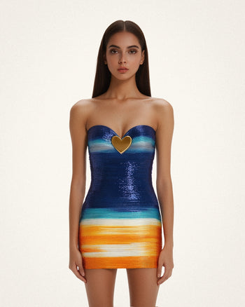 Olivia Abito con paillettes a forma di cuore metallizzate - Blu/Arancione