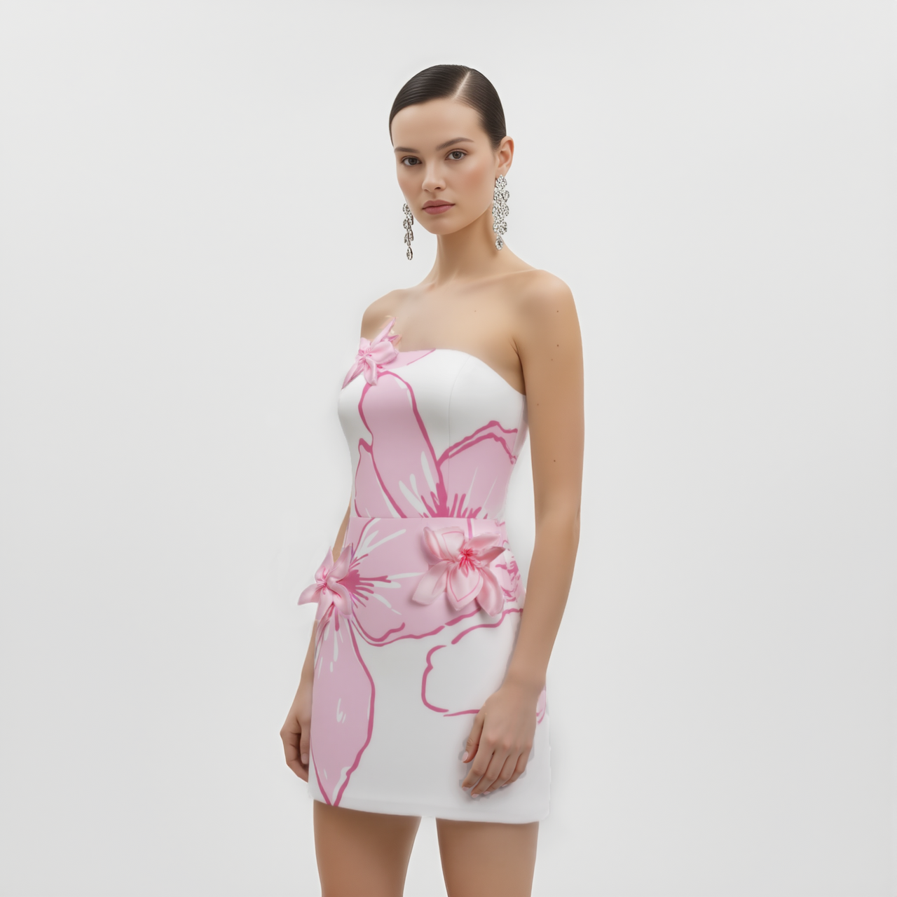 Mini Abito con Applicazioni Floreali Rosa - Bianco/Rosa