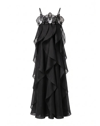Maxi abito in organza ricamata con orchidee - Nero