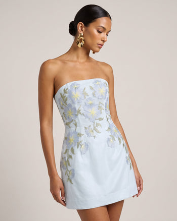 Mini abito a corsetto senza spalline con ricamo floreale - Azzurro