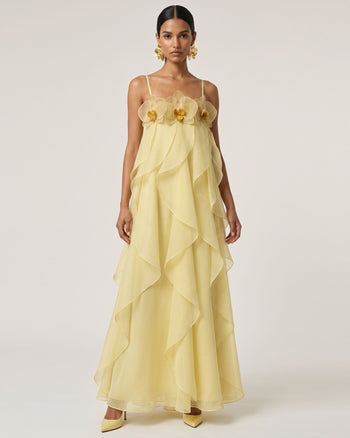 Maxi abito in organza ricamata con orchidee - Giallo chiaro
